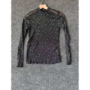 Women Glitter Celestial Goth Chic Witchy Sheer Y2K Rave Festival Mock Neck Top L